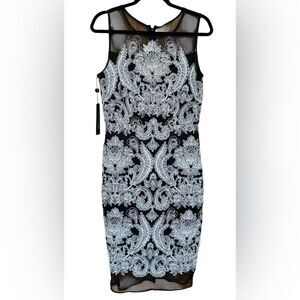 JAX Black Label Black & White Embroidered Cocktail Midi Dress. Size 10. NWT